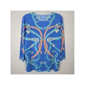 J. McLaughlin Riley Top 3/4 Sleeve Crewneck Raw Edge Tee Blue Printed Size L NWT